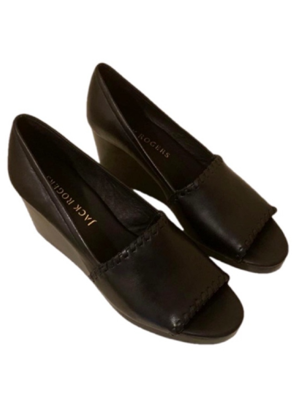 Jack Rogers Palmer Black Leather Stacked Wedge Sandals Whipstitch Trim - Picture 2 of 9